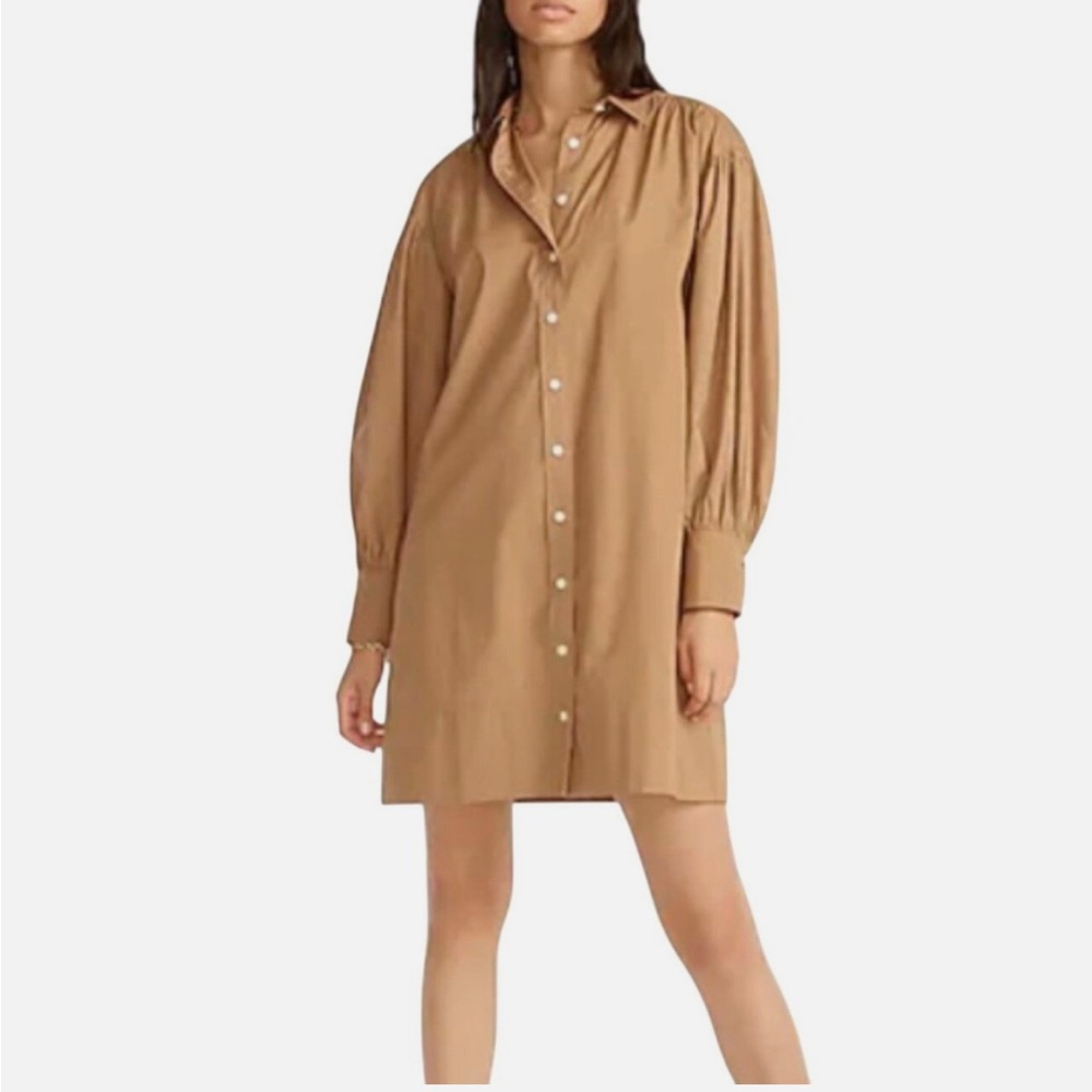 J Crew Puff-Sleeve Cotton Poplin Mini Shirtdress Tan